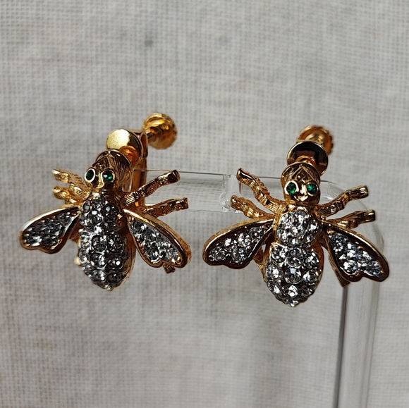 Bee Clear Rhinestone Earrings Comfort Screwbacks Clips Vintage Signed PAT D - Picture 2 of 15